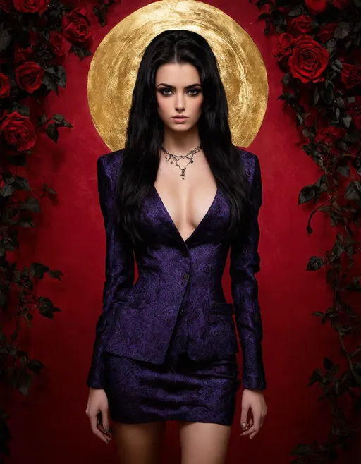 Prompt: A striking, elegant woman with long black hair and piercing eyes stands confidently at the center of the image. She wears a fitted, intricately patterned suit featuring deep purples and blues with swirling floral designs, accentuating her figure. The background is bold and dramatic, with a vibrant red color filled with dark, twisting rose vines and an ethereal golden halo providing a stark contrast. The overall atmosphere is a blend of gothic elegance and powerful femininity, evoking a sense of mystery and strength.