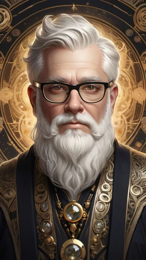 Prompt: He is a human artificer depicted with glasses, a white beard, and a confident expression. The background is adorned with intricate details. The overall color palette includes rich shades of gold, white, and black, emphasizing his prestigious status in a mystical world.