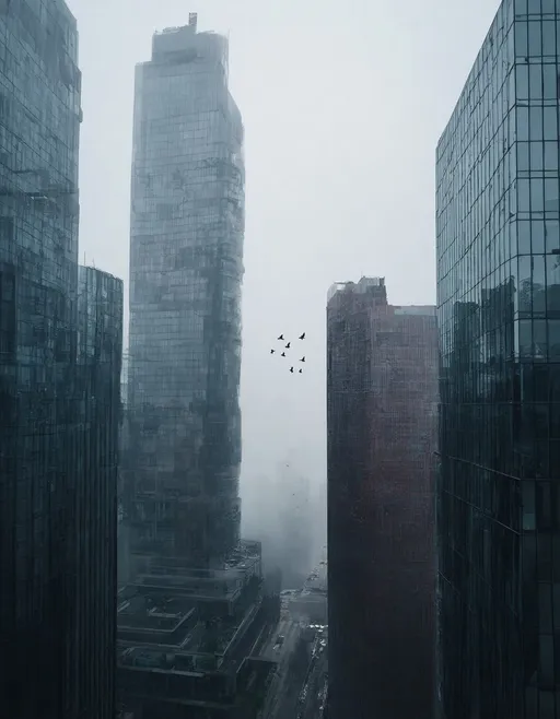 Prompt: A dramatic urban scene featuring towering glass skyscrapers partially shrouded in mist. The architecture reflects varying shades of gray and blue, with one building standing out in a warm reddish-brown hue. A flock of birds is seen flying through the misty sky, adding a dynamic element to the serene yet imposing atmosphere of a modern cityscape. The overall composition captures the contrast between the sleekness of the structures and the natural elements.