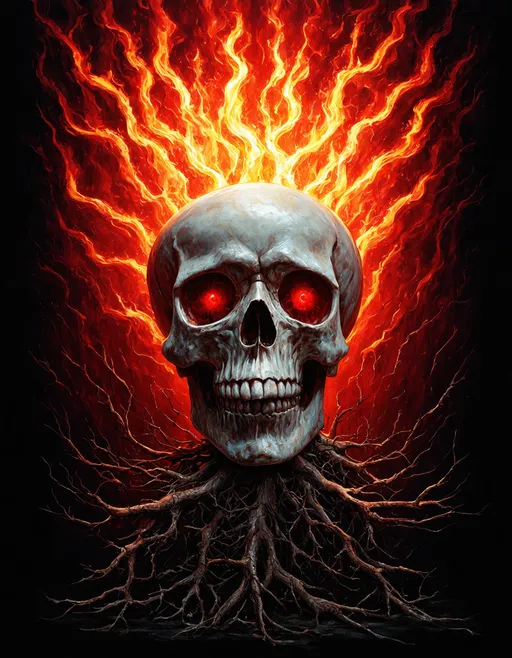 Prompt: Create a surreal and vibrant artwork of a skull with an intricately detailed head and body. The skull should have glowing red eyes and a smooth, pale surface, with wispy hair-like tendrils extending upwards, resembling branches or roots. The background should transition from deep red to black, enhancing the eerie atmosphere. Incorporate elements of abstract art, such as intricate patterns or textures on the skull and a fiery glow behind it, to evoke a sense of mystique and otherworldliness.