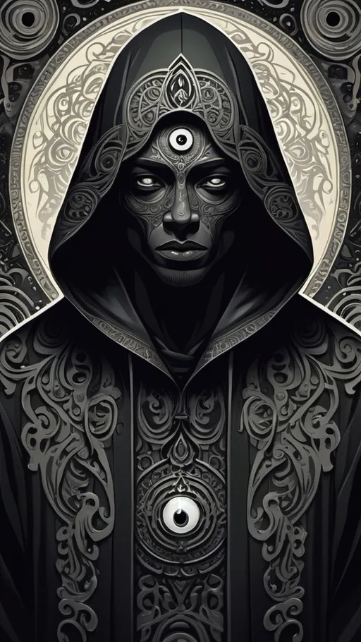 Prompt: Create a detailed illustration of a mysterious figure wearing a dark hood and a robe, with a prominent third eye in the center of their forehead. The figure has striking facial features, including intense eyes with tears running down their cheeks, conveying emotion. A complex, intricate background filled with ornate patterns surrounds the figure, enhancing the mystical atmosphere. The overall color palette should be monochromatic, focusing on deep blacks and whites, with a touch of gray for shading.