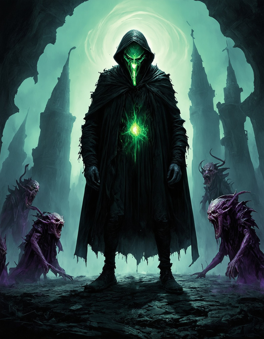 Prompt: A dark, ominous figure stands tall in the center, wearing a tattered cloak with a glowing green core. The figure's face is obscured, exuding a sense of malevolence, while jagged towers rise ominously in the background. The atmosphere is eerie with swirling shadows and a soft, ethereal light emanating from above. Surrounding the figure are smaller, grotesque creatures with exaggerated features, each with its own menacing expression. The color palette consists of deep greens, purples, and blacks, creating a surreal yet captivating scene of dark fantasy.