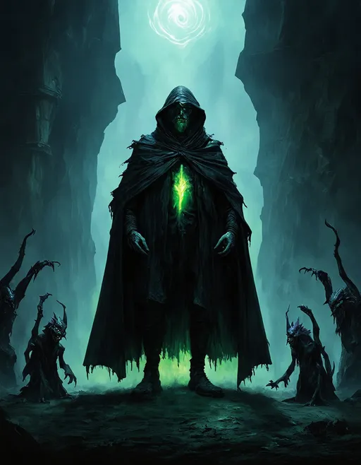 Prompt: A dark, ominous figure stands tall in the center, wearing a tattered cloak with a glowing green core. The figure's face is obscured, exuding a sense of malevolence, while jagged towers rise ominously in the background. The atmosphere is eerie with swirling shadows and a soft, ethereal light emanating from above. Surrounding the figure are smaller, grotesque creatures with exaggerated features, each with its own menacing expression. The color palette consists of deep greens, purples, and blacks, creating a surreal yet captivating scene of dark fantasy.