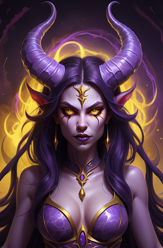 Prompt: Create an illustration of a powerful and enchanting female demoness. She has long, flowing dark hair with purple highlights and striking yellow eyes. Her skin is a shimmering lavender, and she is adorned with elaborate horns on her head. The demoness is posed confidently, with her arms outstretched, palms up, showcasing an aura of magical energy swirling around her. She has intricately designed armor that accentuates her figure, blending elements of fantasy and darkness. Behind her, ethereal, sharp wings extend outward, radiating a mystical glow. The background should be deep black to enhance the luminous purple and violet tones in her features, creating a captivating and otherworldly atmosphere.