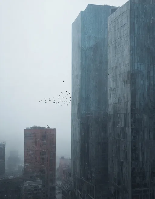 Prompt: A dramatic urban scene featuring towering glass skyscrapers partially shrouded in mist. The architecture reflects varying shades of gray and blue, with one building standing out in a warm reddish-brown hue. A flock of birds is seen flying through the misty sky, adding a dynamic element to the serene yet imposing atmosphere of a modern cityscape. The overall composition captures the contrast between the sleekness of the structures and the natural elements.