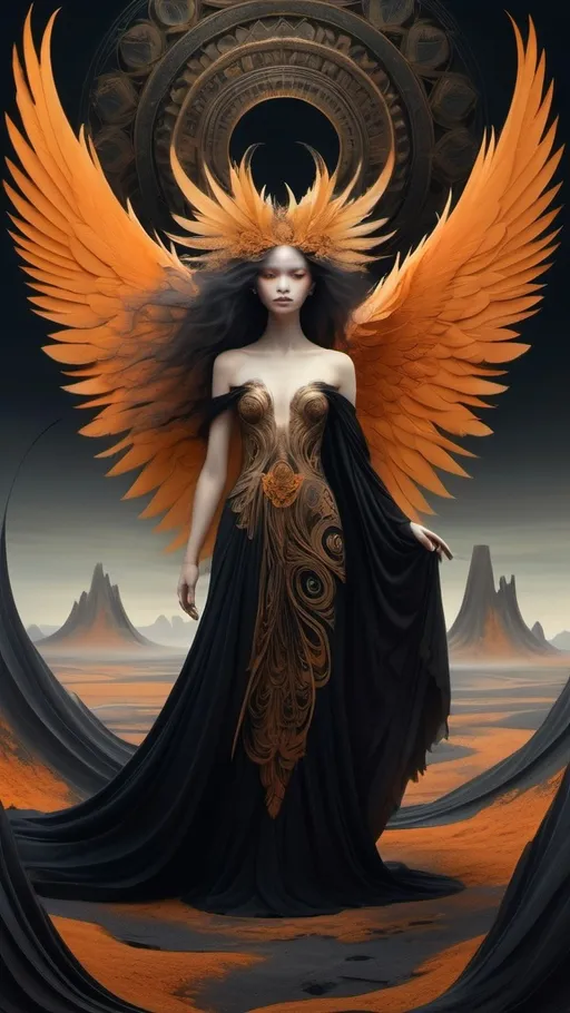 Prompt: A powerful and ethereal figure stands in the center of a surreal, otherworldly landscape. This winged being has striking golden-orange feathers that contrast with their dark, flowing gown, which is adorned with intricate patterns. Their hair is wild and sweeping, embodying a sense of dark majesty. In one hand, they hold a small, ominous creature, while their other hand is raised, commanding energy and attention. Above them, a glowing, all-seeing eye illuminates the scene, surrounded by a deep, cosmic backdrop with swirling colors. The ground is a fiery orange and red, creating a stark contrast to the shadows and pillars of dark rock that frame the figure, producing an aura of mystery and power.