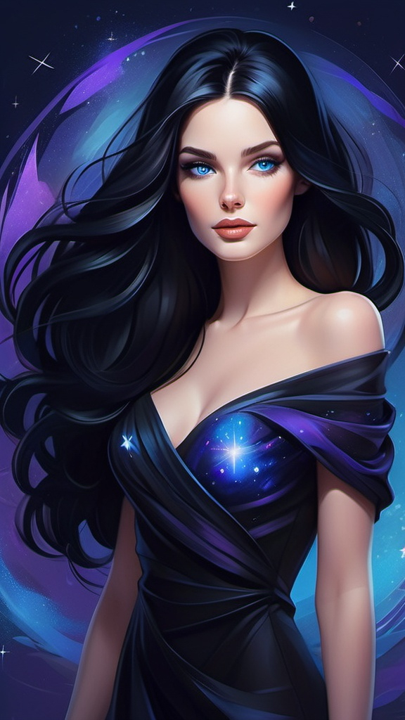 Prompt: Create an illustration of an elegant woman with long, flowing black hair and striking blue eyes. She has a confident expression and is wearing a stylish black off-the-shoulder dress that accentuates her figure. The background should be a blend of dark purple and black with a dreamy, cosmic feel, featuring hints of stars and soft abstract shapes. The overall mood should be sophisticated and glamorous, capturing a sense of mystery and allure.