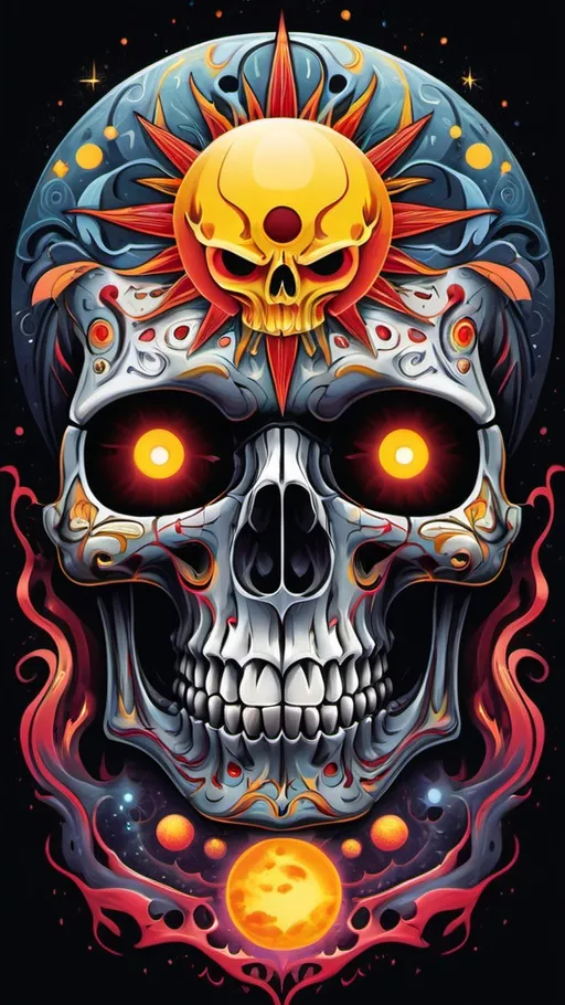 Prompt: Create a vibrant, surreal illustration of a skull that features an intricate design split down the middle. One side of the skull is dark and sinister, with a glowing red eye, while the other side is colorful with a bright yellow eye. Surrounding the skull are two celestial bodies: a sun and a moon, both featuring exaggerated, playful expressions. The background is filled with abstract, swirling patterns of purple, teal, and orange, with small, whimsical creatures floating in space. The overall atmosphere should be eerie yet captivating, blending elements of horror and psychedelic art.