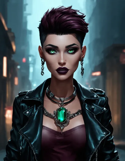 Prompt: A striking female character with a sharp undercut hairstyle, featuring dark, curly hair on top and a deep burgundy side. She has vibrant green eyes and is dressed in a black leather jacket adorned with metal accessories. Her makeup is bold, with dark lipstick and defined cheekbones. Around her neck is a unique, ornate necklace with a glowing green gemstone. The background is a misty, futuristic urban landscape with subdued colors and hints of neon lights, creating a mysterious and edgy atmosphere.