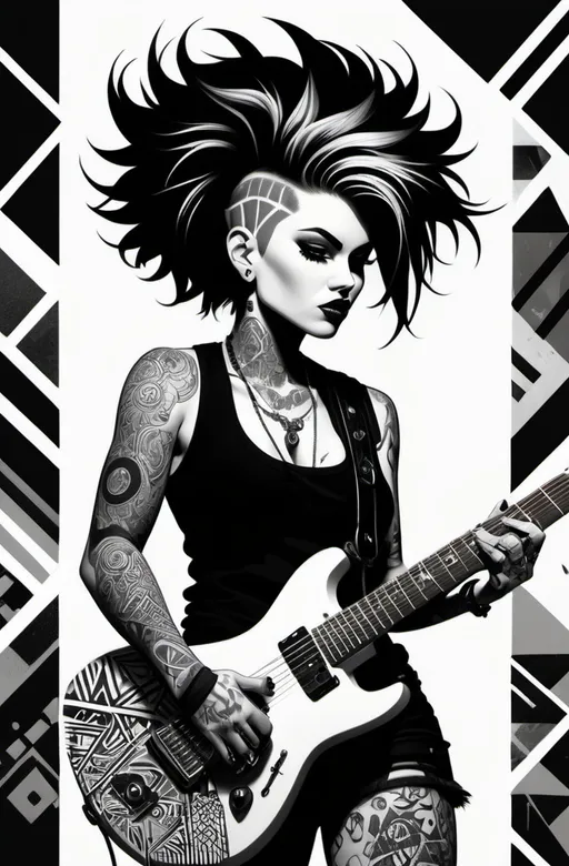 Prompt: A monochromatic illustration featuring a strong, confident female figure with edgy, punk-inspired hairstyles and tattoos, playing an electric guitar. The background is filled with intricate patterns of abstract geometric shapes and urban elements, creating a dynamic contrast with the subject. The overall vibe is rebellious and artistic, capturing the essence of music and individuality.