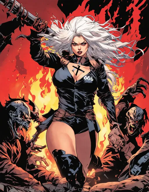 Prompt: A vibrant, comic book cover featuring a powerful female character with wild, white hair, striking a dynamic pose. She is surrounded by dark, monstrous figures, all set against a fiery red background. The character exudes a bold, rebellious energy, holding a weapon adorned with crosses, while an ominous "666" is prominently displayed. The overall art style is gritty and exaggerated, with sharp lines and vibrant colors that emphasize the horror and fantasy themes. capturing the essence of a supernatural battle.