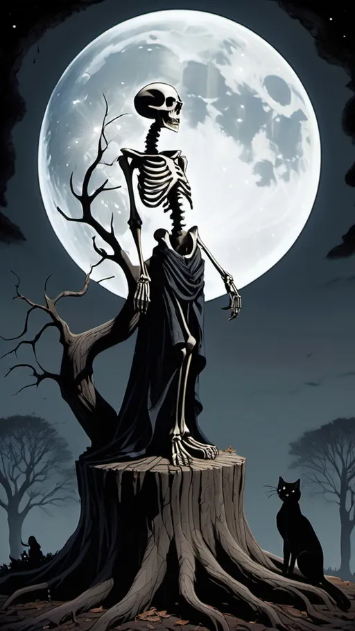 Prompt: A dark and eerie illustration of a skeletal figure resembling a deity, standing on a large tree stump. The figure is draped in flowing robes that swirl around it, with multiple arms extending outward in various poses. Behind it, a large full moon illuminates the sky, casting a haunting glow. In the foreground, a shadowy black cat sits at the base of the stump, adding to the ominous atmosphere. The landscape is desolate, featuring rolling hills and sparse vegetation, all rendered in shades of black and white to enhance the macabre feel.