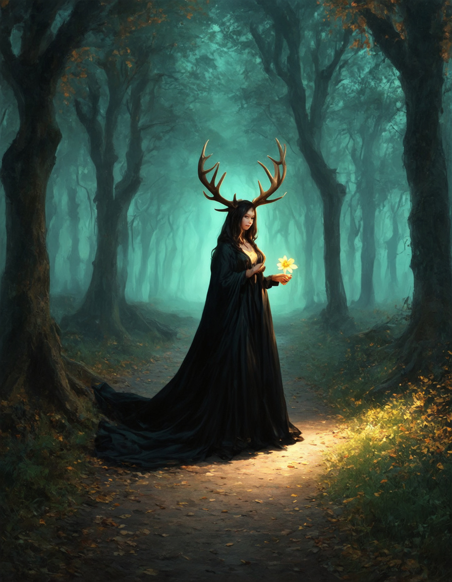 Prompt: A mysterious figure with antler-like horns stands on a winding path in an enchanted forest, surrounded by tall, dark trees. The atmosphere is ethereal, with soft, greenish light filtering through the canopy, casting dappled shadows on the forest floor covered in autumn leaves. The figure wears a flowing black gown and holds a glowing flower, which illuminates the scene. The background fades into a hazy mist, creating a sense of intrigue and magic in this otherworldly setting.