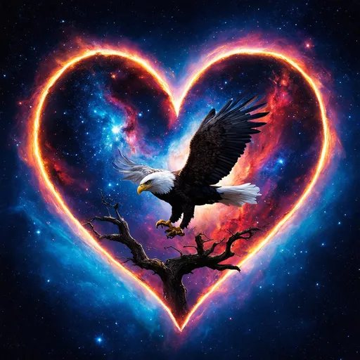 Prompt: Create an artistic illustration of a heart shape filled with a cosmic scene. Inside the heart, depict a vibrant galaxy with swirling stars and colorful nebulae. Incorporate a majestic eagle perched on a swirling tree branch, its wings partially spread, blending seamlessly with the cosmic elements. The colors should be vivid and contrasting, with deep blues, fiery reds, and shimmering whites to evoke a sense of wonder and majesty. The heart's outline should be stylized and geometric, enhancing the overall surreal aesthetic of the image.