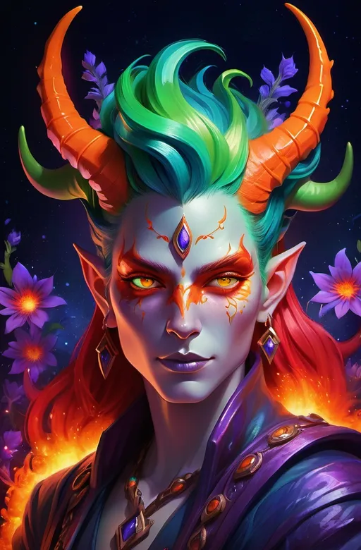 Prompt: A vibrant and mystical portrait of a fantasy character with striking features, including glowing green skin and multicolored hair in shades of red and orange. The character has unique horns and ethereal flowers adorning their head. Their eyes are captivating, one resembling fiery flames and the other a deep blue, set against a swirling cosmic background of rich purples and blues. The character wears ornate jewelry and a dark, detailed collar that enhances their magical appearance, creating an otherworldly and enchanting atmosphere.