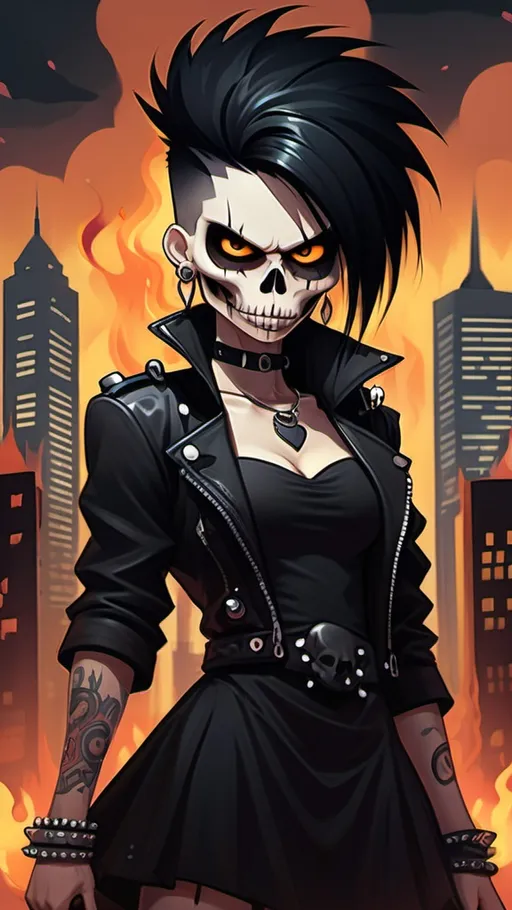 Prompt: Create an illustration of a stylized character with a skull face, large expressive round eyes, and a punk rock-inspired hairstyle featuring spiky black hair. The character wears a dark dress and has a glowing heart-shaped pendant in the center of their chest. The background depicts a city skyline engulfed in flames, with dark clouds and a dramatic atmosphere, enhancing the eerie and gothic vibe. The character stands confidently, conveying a mix of whimsy and darkness.