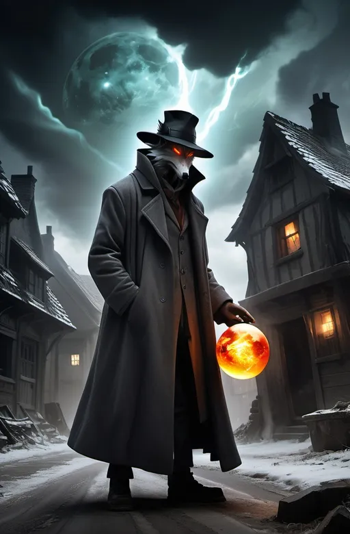 Prompt: A mysterious figure in a long coat and hat stands defiantly in a desolate village, with dark clouds swirling above. The figure holds a glowing, fiery orb in one hand, projecting an aura of power and determination. In the background, a colossal spectral wolf head looms menacingly, its eyes glowing with an eerie light, casting shadows on the crumbling buildings. The atmosphere is charged with tension, combining elements of dark fantasy, magic, and an epic confrontation between good and evil.