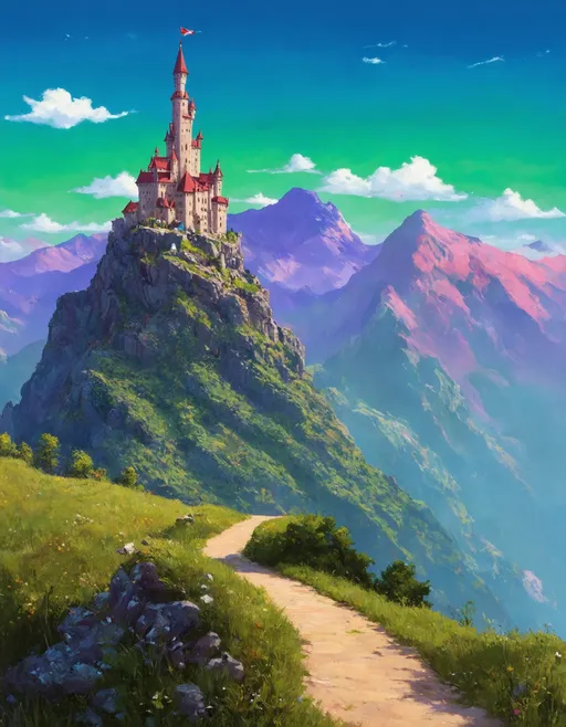 Prompt: A vibrant, stylized landscape featuring a dramatic mountain range with bold, exaggerated colors. In the foreground, a smooth, winding path leads towards a towering, intricately designed castle perched atop a rugged cliff. The sky is a striking gradient of blues and greens, dotted with fluffy white clouds. The mountains in the distance are painted in soft purples and pinks, creating a fantastical atmosphere. The overall composition conveys a sense of adventure and mystery.