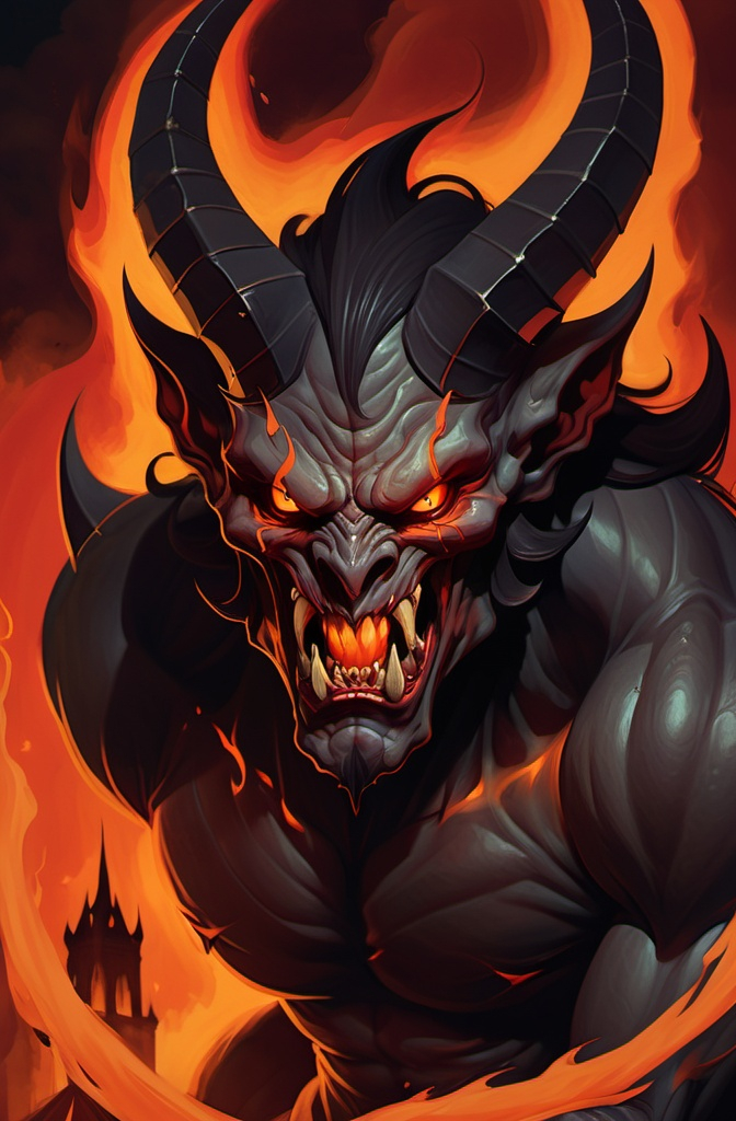 Prompt: A menacing demon with large, curved horns and fiery orange eyes, set against a dark red background. The demon's face is contorted in a sinister grin, showcasing sharp teeth, while flames flicker around its head. Dark, wild hair flows behind it, and the silhouette of a spire or tower can be seen in the background, adding to the ominous atmosphere. The overall color scheme is dominated by deep reds and blacks, creating a striking, dark fantasy feel.