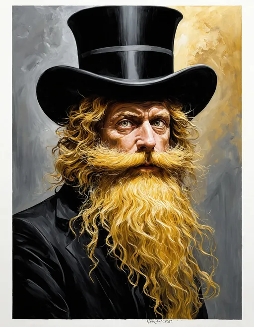 Prompt: Create an abstract portrait of a mysterious figure wearing a tall black top hat. The figure has a flowing golden yellow beard that blends into the background, which is rendered in soft, muted tones of gray and gold. An eye is subtly incorporated into the design, blending into the hat or beard, adding an enigmatic quality. The overall composition should evoke a sense of intrigue and surrealism, with smooth, flowing lines and a dreamlike atmosphere.