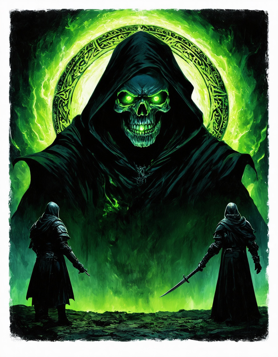 Prompt: Create a striking image of a menacing skull with glowing green eyes, surrounded by an ornate halo featuring intricate patterns. The background should blend from dark shades at the bottom to vivid, glowing colors at the top, adding an otherworldly atmosphere. In the foreground, include shadowy figures of two characters—one on the left holding a weapon and dressed in dark armor, and the other on the right, a silhouette of a cloaked figure. Emphasize a sense of supernatural energy and eerie tension in the scene.