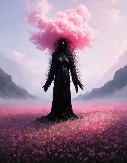 Prompt: A surreal landscape featuring a dark, ethereal figure standing in a vibrant field of pink flowers. The figure, cloaked in wispy black tendrils, has an intricate design with flowing hair that morphs into a large, cloud-like shape of vivid pink. The background showcases soft, misty mountains under a pastel sky, enhancing the dreamlike atmosphere. The scene exudes a sense of mystery and otherworldliness, with a stark contrast between the dark figure and the colorful flora surrounding it.