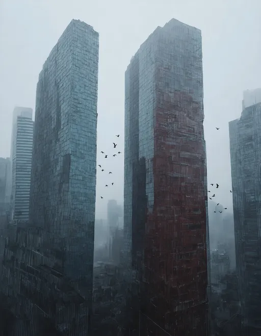 Prompt: A dramatic urban scene featuring towering glass skyscrapers partially shrouded in mist. The architecture reflects varying shades of gray and blue, with one building standing out in a warm reddish-brown hue. A flock of birds is seen flying through the misty sky, adding a dynamic element to the serene yet imposing atmosphere of a modern cityscape. The overall composition captures the contrast between the sleekness of the structures and the natural elements.