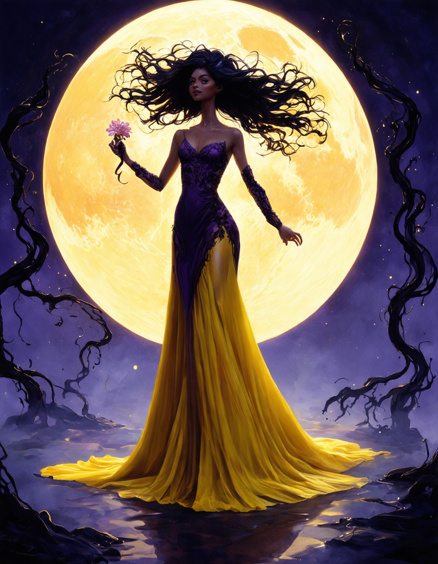 Prompt: A mystical, elegant figure stands tall under a large, glowing moon, with wild, flowing hair that appears almost ethereal. She wears a form-fitting gown that transitions from a deep purple at the top to a bright, sunny yellow at the bottom, adorned with intricate patterns. In one hand, she holds a delicate flower, while the other hand trails gently down, interacting with dark, curving vines that emerge from the ground around her. The background features soft, abstract shapes and splashes of color, creating a dreamlike atmosphere that contrasts with the boldness of her silhouette.