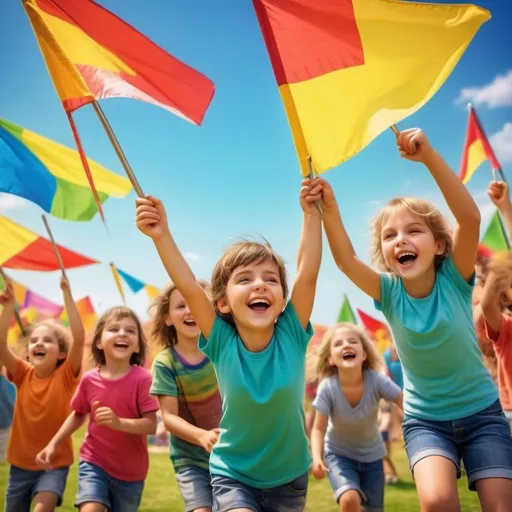 Prompt: A group of happy children playing together in a summer camp, with colorful flags in the background, photo realistic, vibrant colors, extremely detailed, HDR, realistic