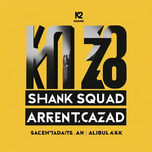 Prompt: a yellow background with a black and white logo and a black and white text that reads k2 shanksquad, Arent Arentsz, analytical art, 4k, an album cover