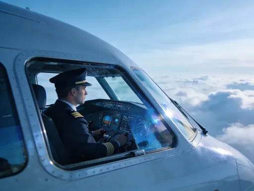 Prompt: On voit de face le pilote d'un airbus A320 en plein vol, il est dans son cockpit concentré sur les commandes de vol et on l'aperçoit à travers les vitres, de la casquette jusqu'aux épaulettes de son uniforme. La caméra qui filme est à l'extérieur de l'avion à 5 mètres et en légère plongée. Le pilote est concentré et regarde en direction de son tableau de bord,  il y a un reflet dans la vitre. Définition 8K et gros plan de manière à conserver dans le champ le pilote et les éléments métal et vitres du fuselage du cockpit. Une légère clarté halogène bleutée en provenance de l'intérieur de l'avion. A l'arrière plan de légères nuées simulent le vol de l'avion et l'altitude de croisière.