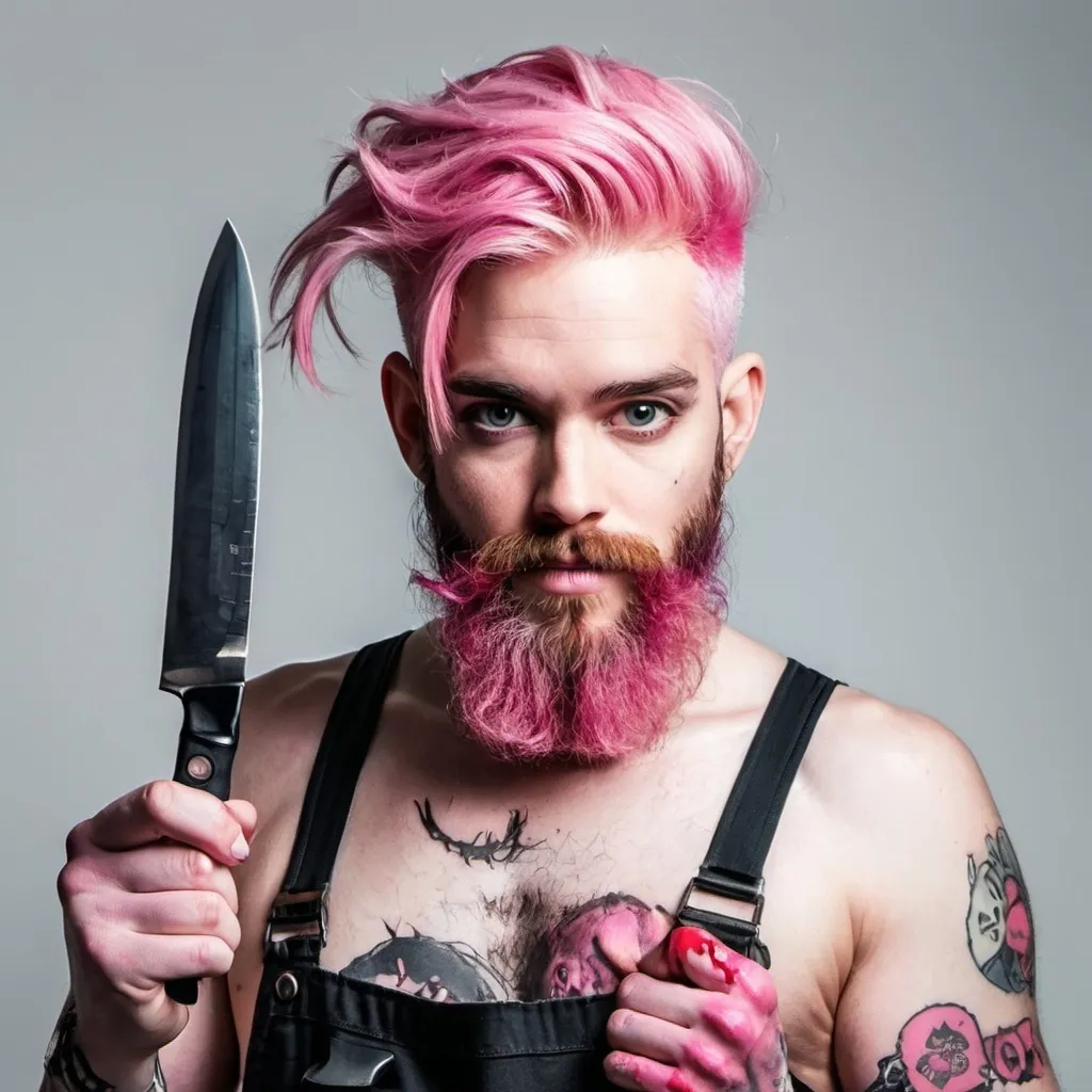 Prompt: pink hair person with a beard and a knife in the other hand 