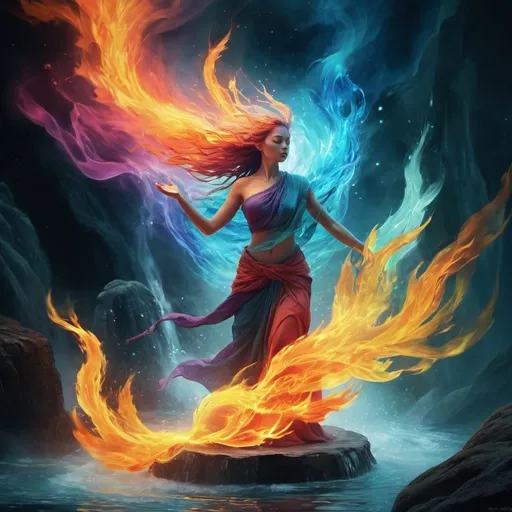 Prompt: Vibrant digital artwork of elemental spirits, dynamic and fluid compositions, mystical and captivating visuals, high-quality rendering, fantasy art, ethereal color palette, mystical lighting, magical atmosphere, fire, water, wind, elemental spirits, digital art, vibrant, dynamic composition, mystical, high-quality rendering, fantasy, ethereal colors, magical lighting