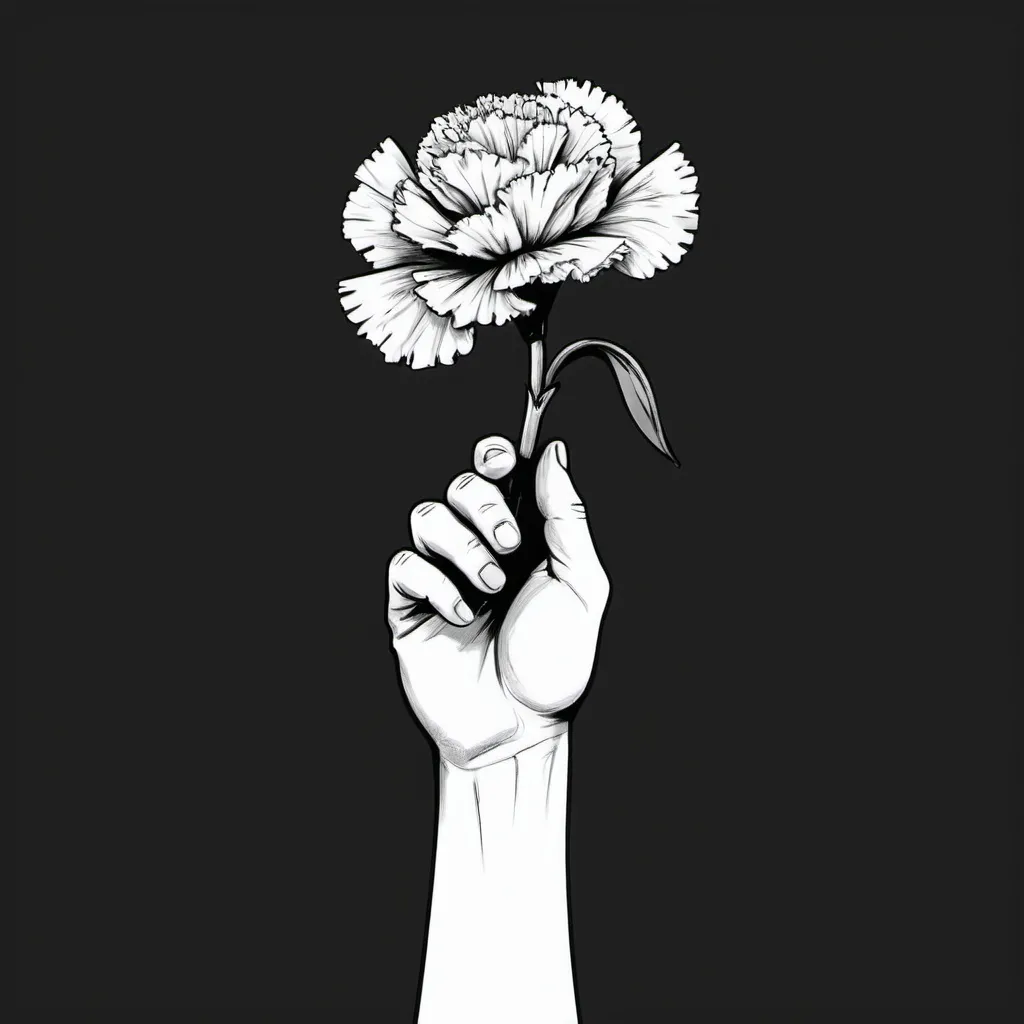 Prompt: simple draw black and white ilustration hand raising carnation firmly, inspired by Revolução dos Cravos