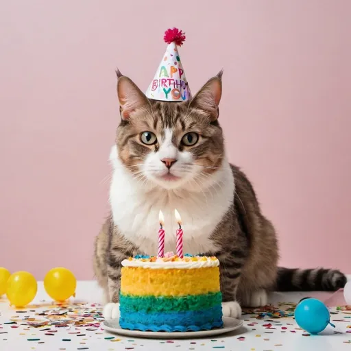 Prompt: a cat wearing birthday hat beside birthday cake and confetti