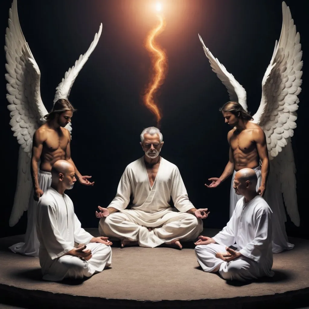 Prompt: Demons and angels stood around the meditating man.