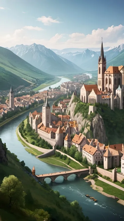 Prompt:  Mediaeval city visible from above distance with river and greenery , spires and mountains