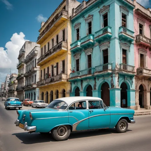 Prompt: A stunning 1960 car in the city of Havana, scenery in 1960m vibrancy, photorealistic capture using Nikon Z7 II lens: NIKKOR Z 24-70mm f/2.8 S