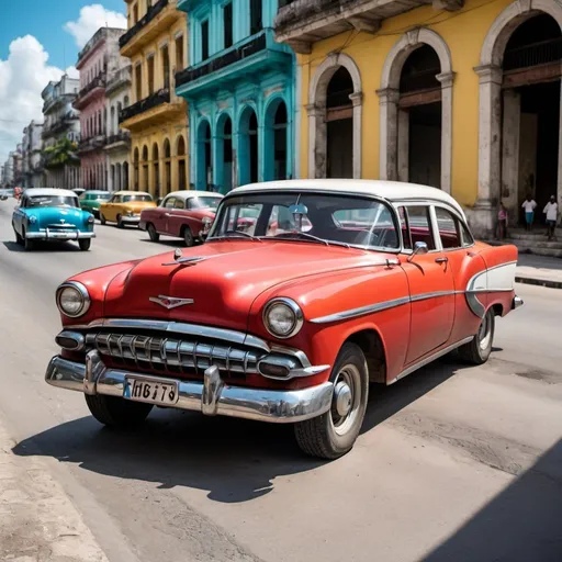 Prompt: A stunning 1960 car in the city of Havana, scenery in 1960m vibrancy, photorealistic capture using Nikon Z7 II lens: NIKKOR Z 24-70mm f/2.8 S