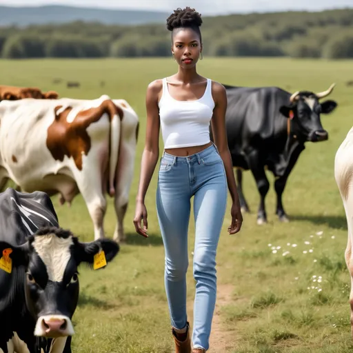 Prompt: Tall young black woman wearing a blue jean and a white top walking round a range filled with cows