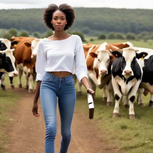 Prompt: Tall young black woman wearing a blue jean and a white top walking round a range filled with cows
