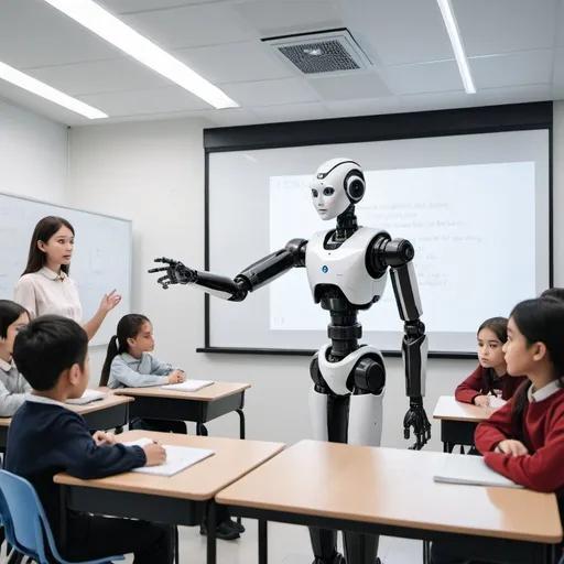 Prompt: AI being taught to a classroom