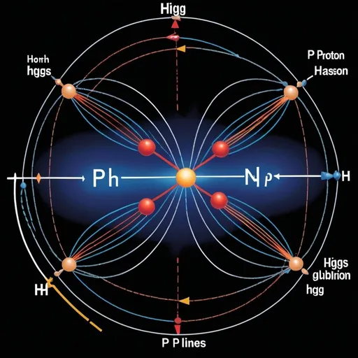 Prompt: {
  "prompt": "A Feynman diagram illustrating a proton-proton collision resulting in the production of a Higgs boson and a Higgs-like charged particle. Two incoming lines represent protons (labeled as 'p') converging at a vertex. From this vertex, lines representing quarks and gluons are emitted. From another vertex, a dashed line representing the Higgs boson (labeled as 'H') and another dashed line representing a Higgs-like charged particle (labeled as 'H+ or H-') are drawn. The final state shows the Higgs boson and Higgs-like charged particle moving away from the interaction point.",
  "size": "1024x1024"
}