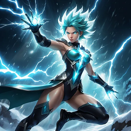 Prompt: (hero), fierce, aqua lightning  cybrt dark  an aura of , lighticy snow cybetr