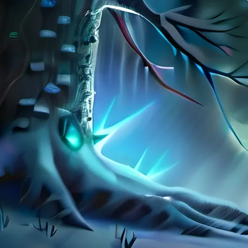 Prompt: (hero), fierce, aqua lightning striking through a mystical forest, dark and ominous atmosphere, an aura of evil looming, shimmering light contrasted with icy snow, vibrant colors, dynamic composition, enchanted environment, intricate details, 4K, ultra-detailed, capturing the essence of battle between good and evil in a wintry wonderland.