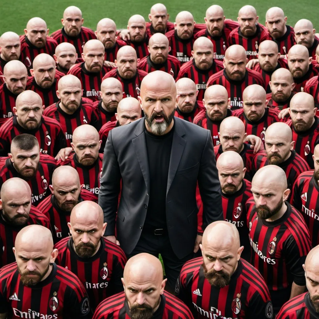 Prompt: Coach of AC Milan with a bald head and a beard, leading against an army of midget trolls 