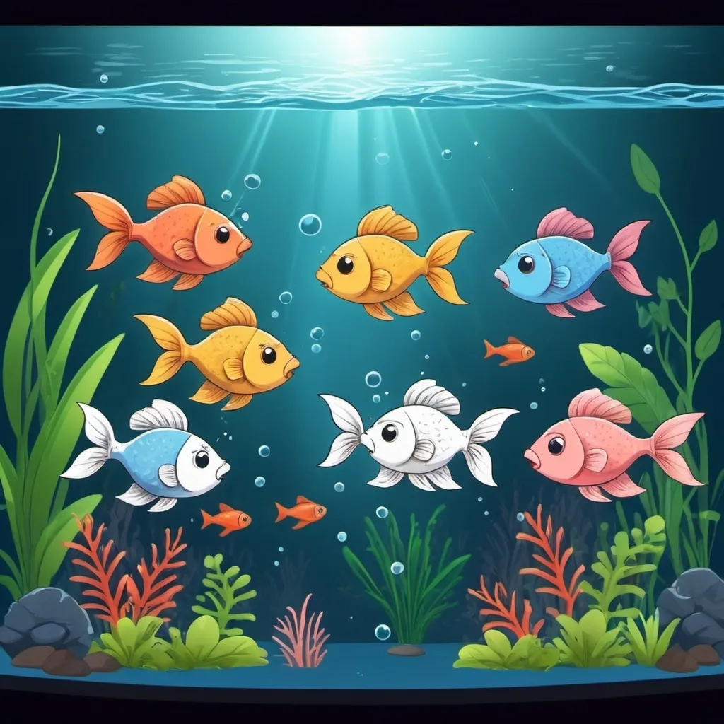 Prompt: Several fish are fighting for food sprinkled on the surface of the fish tank.

Describe the atmosphere by showing the various movements of fish, the swimming of plants, and the stirring of water.  draw by 2d cartoon