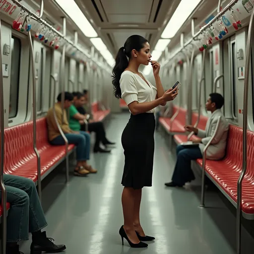 Prompt: Context Setup**
- **Metro Interior:**  
  - Red and white striped seats, gray floor, metallic handrails, and fluorescent lighting.  
  - Existing passengers: Retain the person in green near the door and the Black woman seated at the back (ensure their positions match the reference image).  

### **2. Main Subject Integration**  
- **Positioning:**  
  - Place the Venezuelan woman centrally in the aisle, gripping a handrail with her right hand. Her body leans slightly left, facing the viewer’s right side (side profile).  
  - Hold a compact mirror in her left hand, angled toward her face to reflect her application of lipstick.  

- **Appearance:**  
  - **Features:** Morena clara/trigueña skin, defined facial structure (straight nose, prominent cheekbones, full lips).  
  - **Hair:** Black, styled in a low ponytail or loose waves.  
  - **Outfit:** White fitted blouse, black skirt/pants, and low-heeled shoes.  

### **3. Action & Details**  
- **Lipstick Application:**  
  