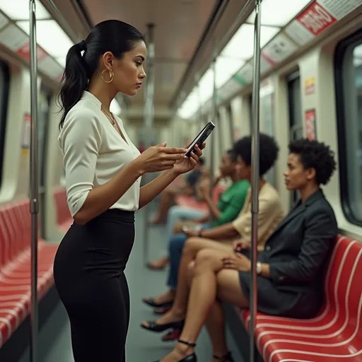 Prompt: Context Setup**
- **Metro Interior:**  
  - Red and white striped seats, gray floor, metallic handrails, and fluorescent lighting.  
  - Existing passengers: Retain the person in green near the door and the Black woman seated at the back (ensure their positions match the reference image).  

### **2. Main Subject Integration**  
- **Positioning:**  
  - Place the Venezuelan woman centrally in the aisle, gripping a handrail with her right hand. Her body leans slightly left, facing the viewer’s right side (side profile).  
  - Hold a compact mirror in her left hand, angled toward her face to reflect her application of lipstick.  

- **Appearance:**  
  - **Features:** Morena clara/trigueña skin, defined facial structure (straight nose, prominent cheekbones, full lips).  
  - **Hair:** Black, styled in a low ponytail or loose waves.  
  - **Outfit:** White fitted blouse, black skirt/pants, and low-heeled shoes.  

### **3. Action & Details**  
- **Lipstick Application:**  
  