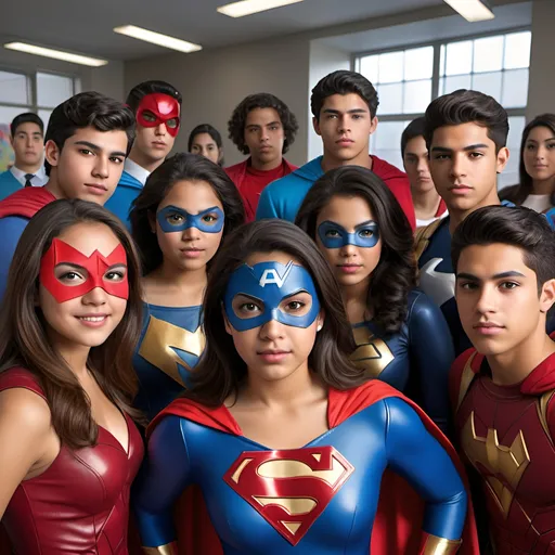 Prompt: Photorealistic depiction of Hispanic high school students, dressed as superheroes, detailed facial features, realistic textures, lifelike portrayal, vibrant and dynamic colors, high quality, photorealism, detailed lighting, superhero costumes, diverse group, realistic expressions, authentic setting, immersive atmosphere, professional, cinematic lighting, vibrant colors, dynamic poses, realistic textures, high definition, lifelike details, authentic representation